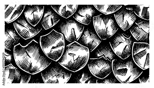 Hand drawn pattern of overlapping medieval shields with vintage cross hatching texture