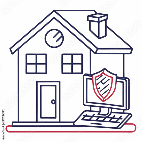 A house with a computer and a shield on the screen