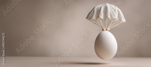 Whole egg with parachute deployed in midair capturing wind flow