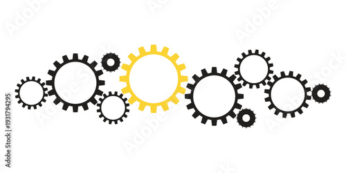 A group of interlocking gears with one yellow gear
