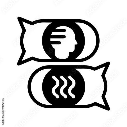 A black and white image of two speech bubbles with heads and wavy lines