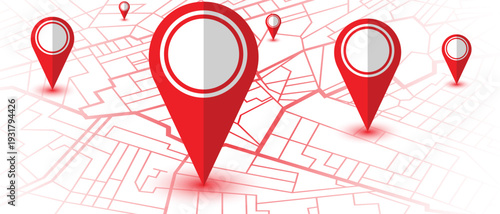 A red map with several location markers on it