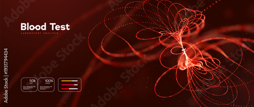 Medical Blood Test Concept With Futuristic Particle Flow And Abstract Dynamic Lines On Dark Background. Particle Trails, Curved Lines And Scientific Flow. Blood Concepts. Vector Illustration.