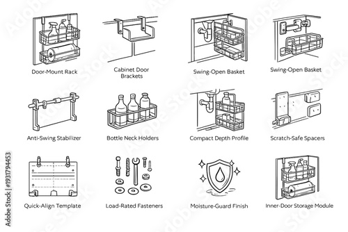 Vector cabinet sink compact template hinges holders fasteners icon neck spacers organizer