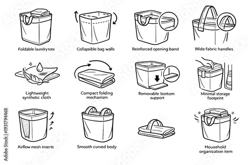 Minimal smooth icons storage household mesh footprint hamper foldable cloth outline vector