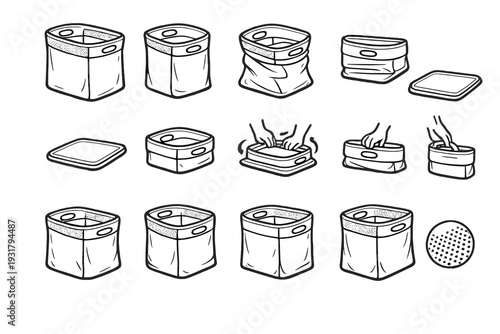 Compact foldable clean safety bag hamper flat mode reinforced vector icon lightweight