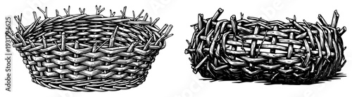 Set of hand woven wicker baskets or nests in vintage engraving style
