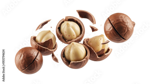 Chocolate covered macadamia nuts exploding breaking isolated on a transparent background