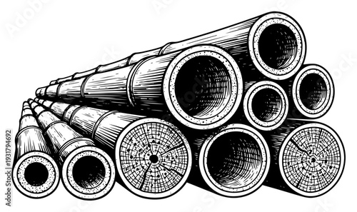 Large stack of bamboo trunks in perspective with detailed end grain texture