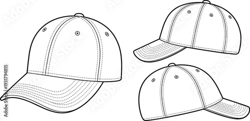 Baseball cap technical fashion sketch showing front side and back views snapback hat vector illustration headwear design template for apparel manufacturing and mockups isolated.