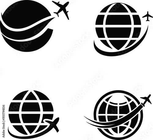 Collection of travel and aviation symbols featuring globe elements with airplane silhouettes. Clean black minimalist vector designs suitable for travel agencies, airlines, tourism branding, logistics 