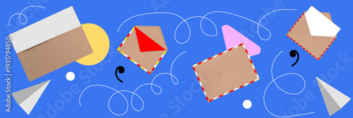 Halftone pop art dot envelope letter airmail paperplane mail communication postal message concept vector illustration