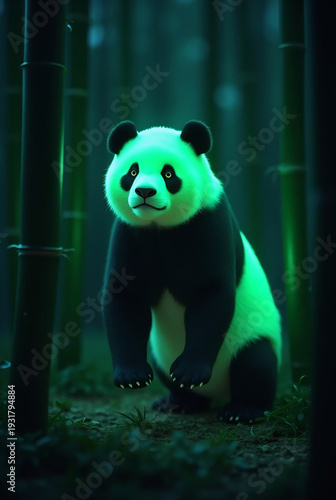 Glowing panda bear in dark bamboo forest with neon green light
