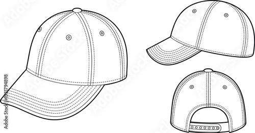 Baseball cap technical sketch featuring front, side, and back views, adjustable snapback hat vector illustration for headwear design template and apparel manufacturing mockups isolated.