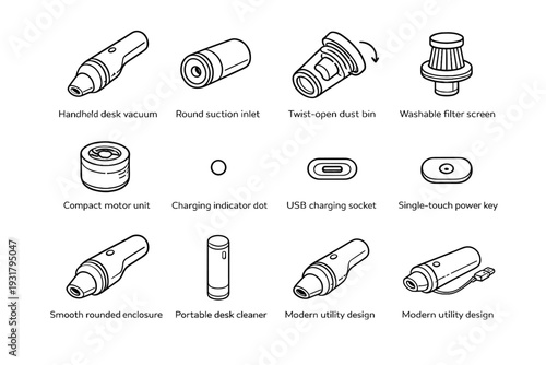 Cordless desk design indicator icon unit suction vacuum enclosure washable vector utility