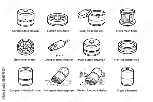 Cleaning silhouette vacuum vector rubber functional workspace desk suction icon micro activation