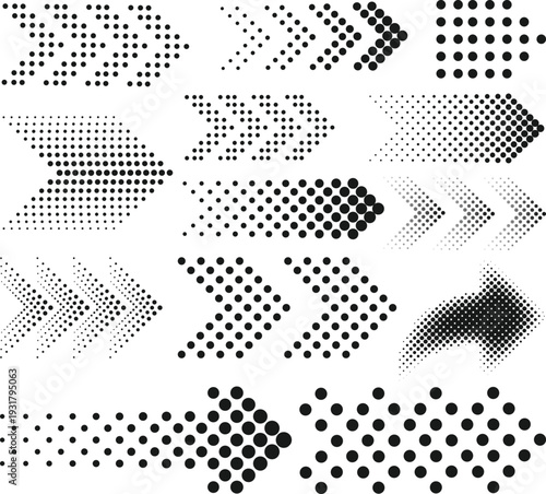 Create Halftone arrow icons, black direction symbol, dotted pointer, curved and straight arrow with fade effect. Navigation or progress sign, dot gradient border, stripe with arrowhead on white