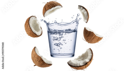 Glass of Water with Coconuts splash drink isolated on a transparent background