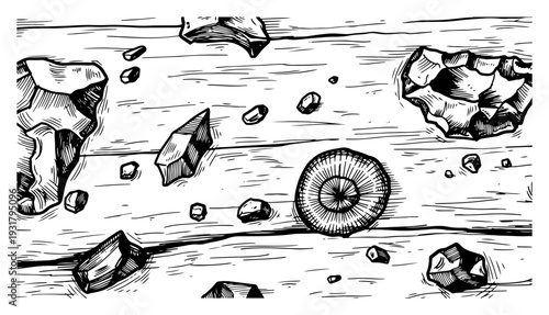 Vintage engraving style ground surface with scattered rocks and circular fossils