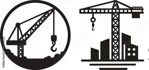 Construction crane and building site vector icons, black industrial silhouette set, urban development machinery, isolated on white background for design.