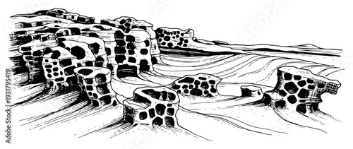 Surreal landscape of porous rock structures and cratered mounds in desert terrain