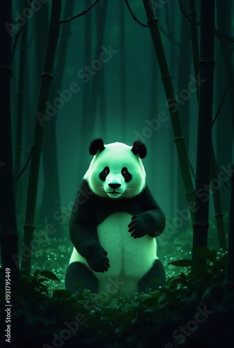 Panda in misty bamboo forest at dusk