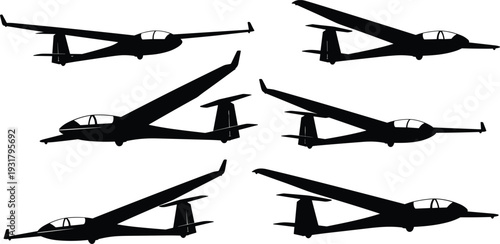 Glider plane silhouettes set, minimalist black aircraft vector icons, sailplane soaring flight symbols, aviation transport design elements, isolated white background illustration.