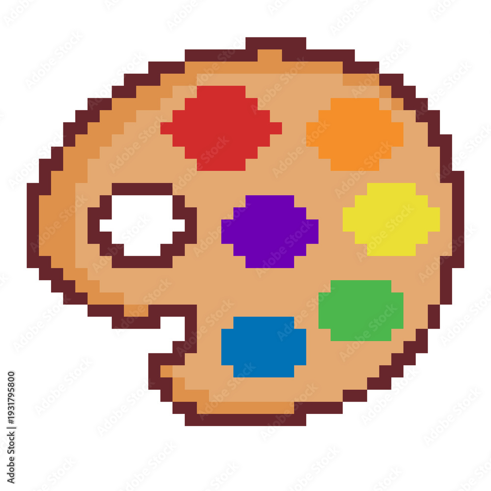 Fototapeta premium Wooden art palette with colorful paint spots pixel art icon