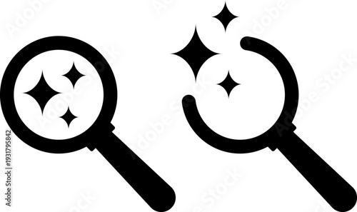 Magnifying glasses with sparkling stars on white background