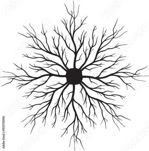 Mycelium Network Silhouette Minimalist Central Node with Branching Root-like Threads Flat Vector Icon