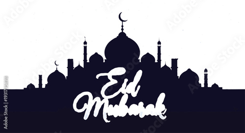 Dark silhouette displays a large detailed mosque structure with Eid Mubarak script overlaid on the base.