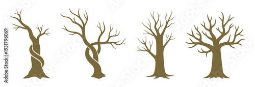 Four bare trees with twisted trunks and branches.