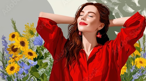Smiling woman in red shirt with sunflowers. Happy female with reddish brown hair and red lipstick in a floral setting. Summer joy and relaxation concept illustration