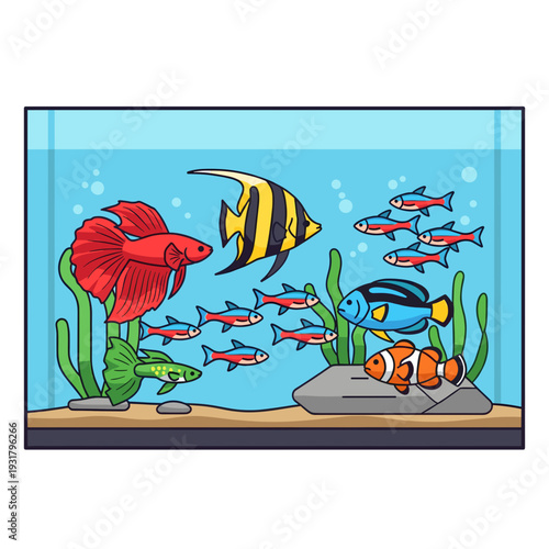 A vibrant and colorful illustration of an aquarium filled with various tropical fish species and aquatic plants, showcasing a diverse underwater ecosystem.