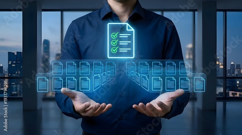 Wallpaper Mural Futuristic business concept: Man holding a virtual holographic document with checkmarks, symbolizing approval and digital data management. Torontodigital.ca