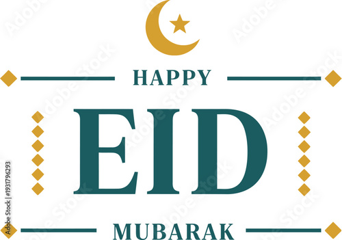 Gold and teal stylized text proclaims Happy Eid Mubarak framed by geometric decorative elements and a small symbol.