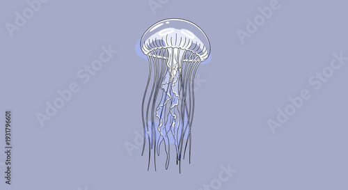 A detailed illustration of a translucent jellyfish with glowing tentacles against a soft blue background.
