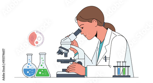 A female scientist examines a sample under a microscope on a laboratory table with various beakers and test tubes on a world malaria day.
