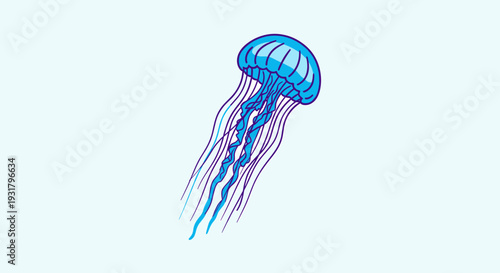 A vibrant blue jellyfish with flowing tentacles swimming in the ocean, an elegant marine creature illustration.