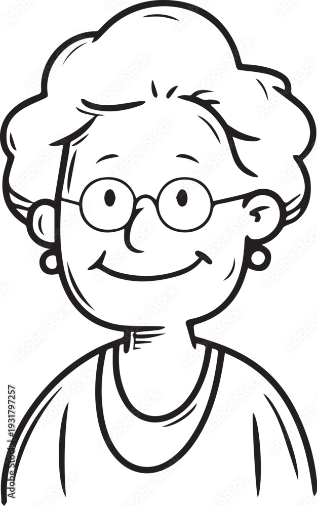 Fototapeta premium Old Woman Black and White Avatar Illustration in Minimal Line Art Style Design