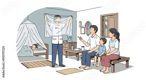 A family hangs a mosquito net over a bed in their home on a day to prevent malaria, with a man holding the net and a woman and children sitting nearby.