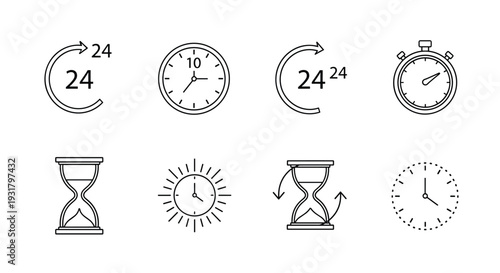 Time and clock line icon set with stopwatch hourglass and 24 hours service symbols vector illustration