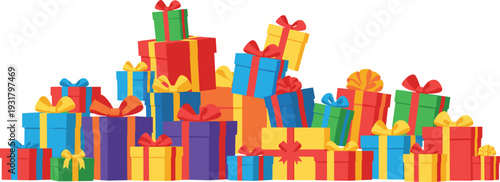 Colorful gifts pile with ribbons and bows for celebrations