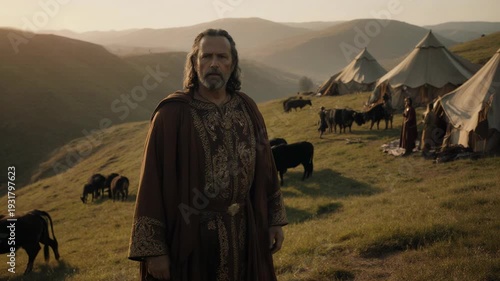 Biblical patriarch Jacob overseeing his camp of tents and cattle. Ancient nomadic shepherd leader in the land of Canaan