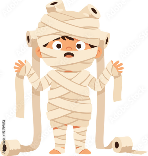 Funny child wrapped in toilet paper like mummy for Halloween