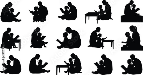 Parent and child reading silhouette set, family education concept, storytelling, learning together, mother father kids bonding, black vector illustration collection