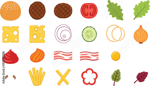 Burger ingredients illustration collection with bun, beef patties, cheese, vegetables, sauces, and toppings, flat vector set for fast food menu design and cooking concepts