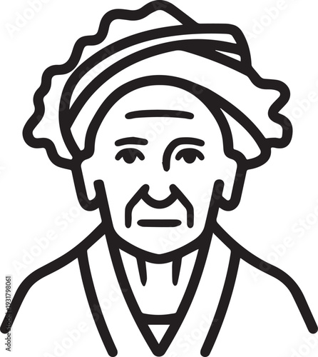 Old Woman Black and White Avatar Illustration in Minimal Line Art Style Design