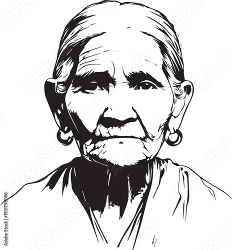 Old Woman Black and White Avatar Illustration in Minimal Line Art Style Design
