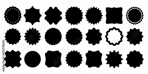 Collection of various black decorative starburst and ribbon shaped labels